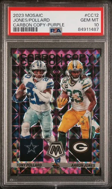 2023 Panini Mosaic Aaron Jones/Tony Pollard Carbon Copy Purple #CC12 card image