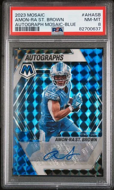 2023 Panini Mosaic Autograph Mosaic Blue Ahasb Amon-Ra St. Brown #no-number card image