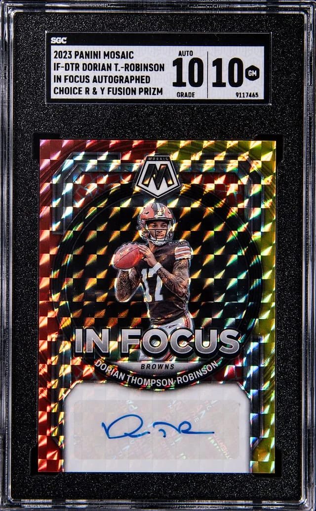 2023 Panini Mosaic Dorian Thompson Robinson In Focus Autographed Choice Red & Yellow Fusion Prizm #IF-DTR card image