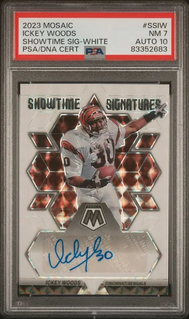 2023 Panini Mosaic Ickey Woods Showtime Signature White #SSIW card image