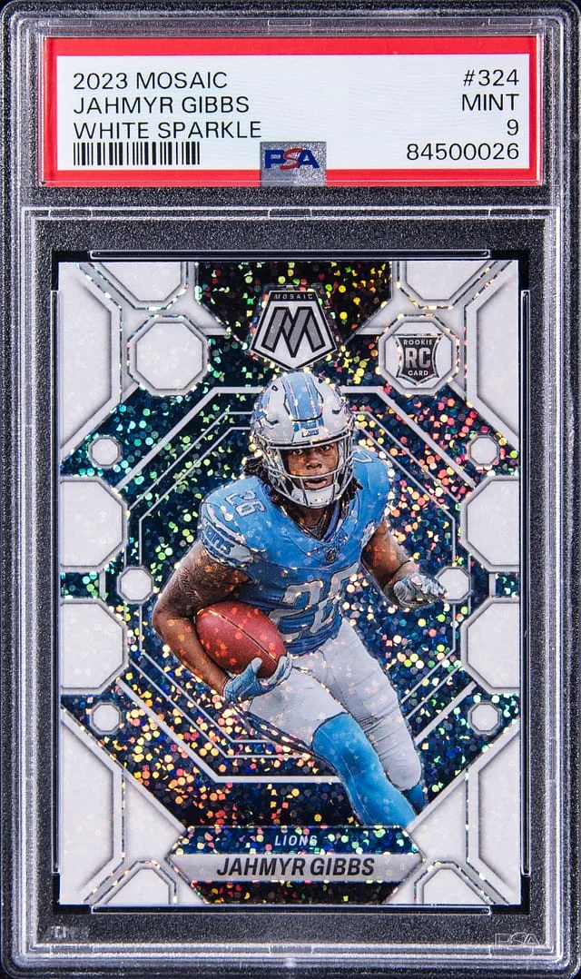 2023 Panini Mosaic Jahmyr Gibbs White Sparkle #324 card image