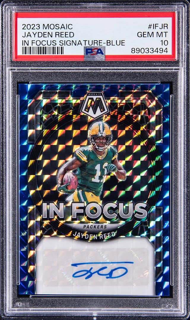 2023 Panini Mosaic Jayden Reed In Focus Signature Blue #IF-JR card image
