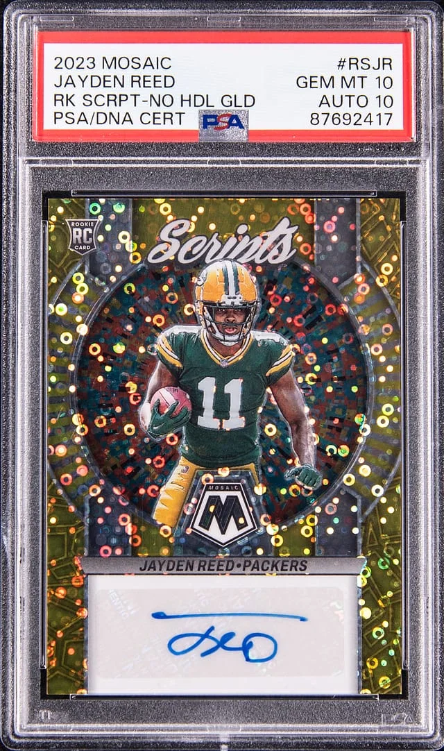 2023 Panini Mosaic Jayden Reed Script No Huddle Gold #RS-JR card image