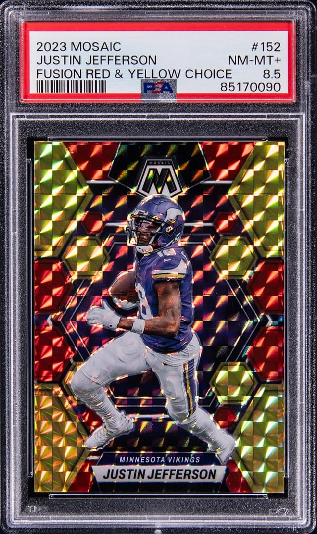 2023 Panini Mosaic Justin Jefferson Fusion Red and Yellow Choice #152 card image
