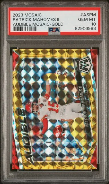2023 Panini Mosaic Patrick Mahomes II Audible Mosaic Gold #ASPM card image
