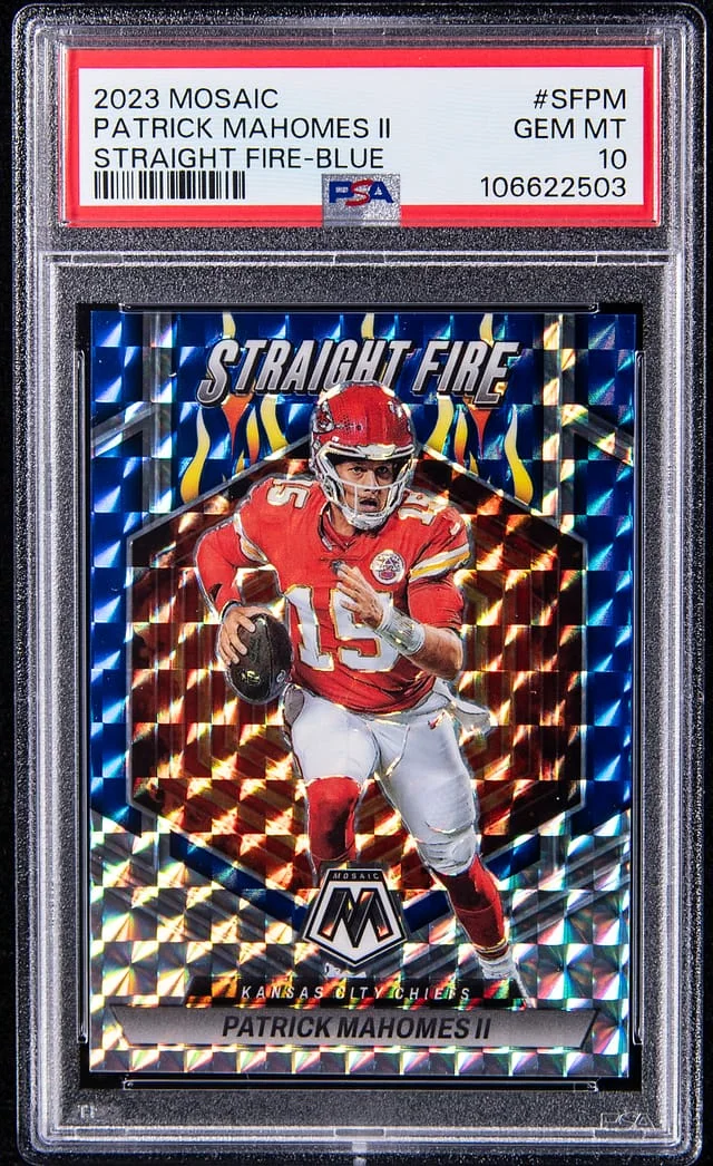 2023 Panini Mosaic Patrick Mahomes II Straight Fire Blue #SF-PM card image