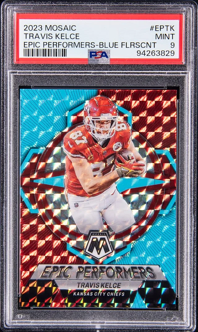 2023 Panini Mosaic Travis Kelce Epic Performers Blue Fluorscent #EP-TK card image