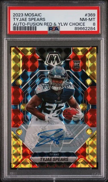 2023 Panini Mosaic Tyjae Spears Autograph-Fusion Red & Yellow Choice #369 card image