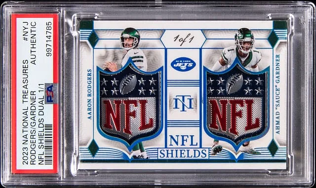 2023 Panini National Treasures Aaron Rodgers/Sauce Gardner Dual NFL Shields Dual #SDL-NYJ card image