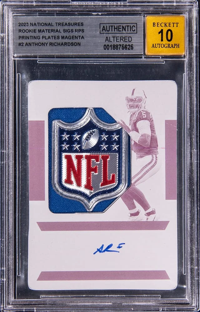 2023 Panini National Treasures Anthony Richardson Material Signatures RPS Printing Plates Magenta #2 card image