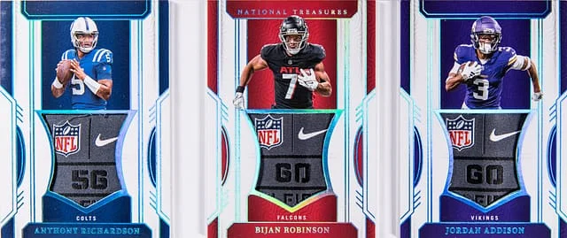2023 Panini National Treasures Anthony Richardson/Bijan Robinson/Jordan Addison Triple Patch Booklet Triple Booklet #RTB-ABJ card image