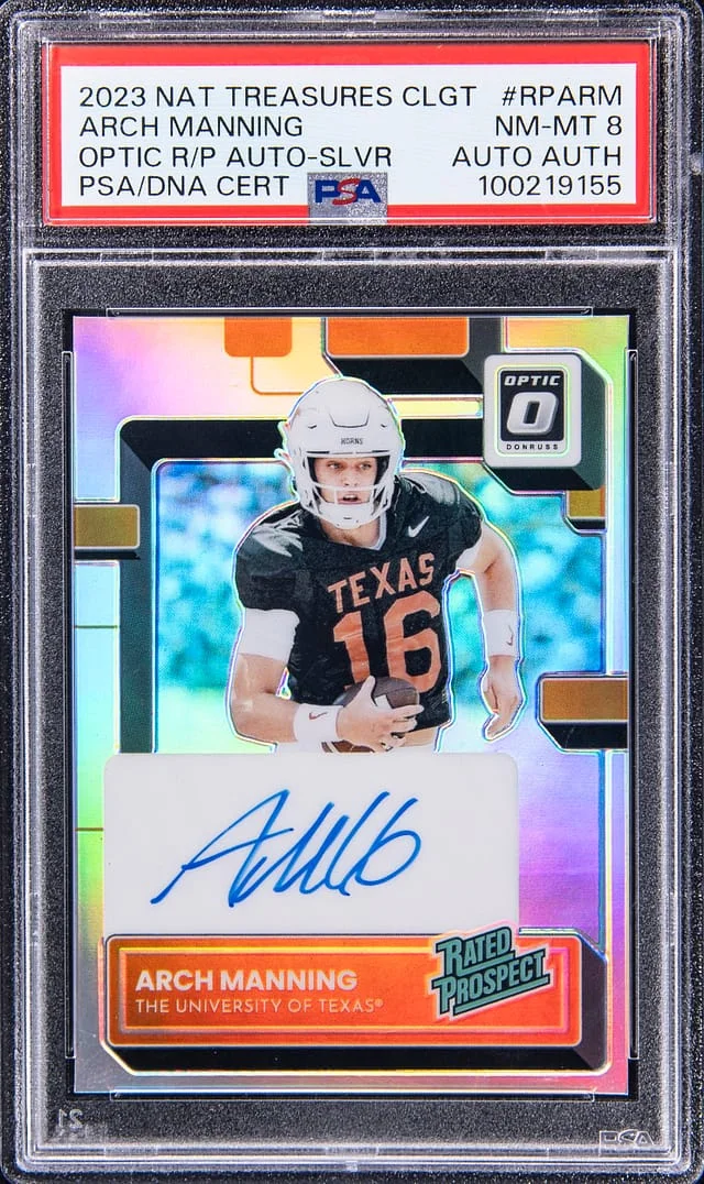 2023 Panini National Treasures Arch Manning Collegiate Optic Rated Prospect Autographs Silver Prizm #RP-ARM card image