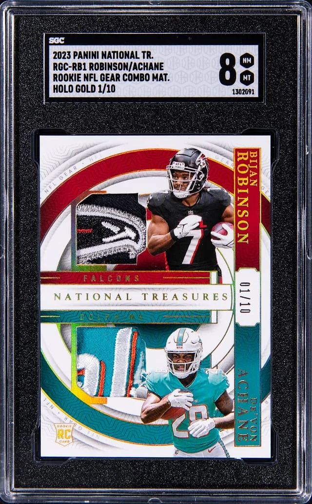 2023 Panini National Treasures Bijan Robinson/De'Von Achane NFL Gear Combo Material Holo Gold #RGC-RB1 card image