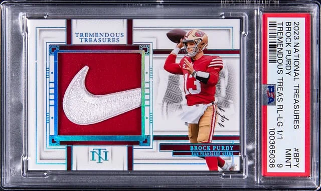 2023 Panini National Treasures Brock Purdy Tremendous Treasures Relic Logo #TRE-BPY card image