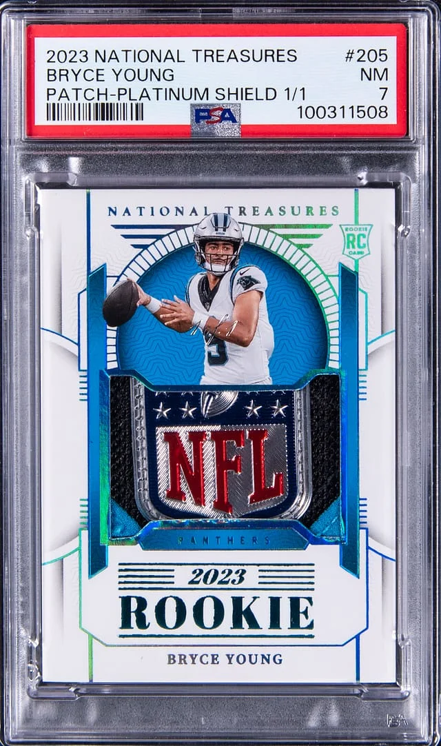 2023 Panini National Treasures Bryce Young NFL Shield Patch Platinum Shield #205 card image