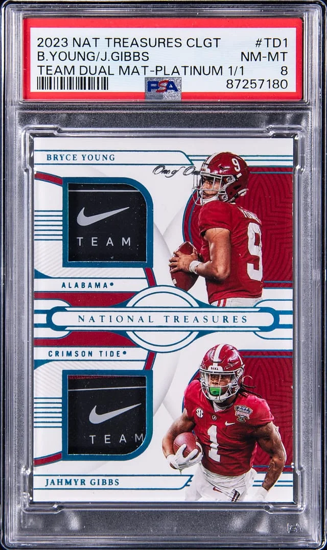 2023 Panini National Treasures Bryce Young/Jahmyr Gibbs Dual Collegiate Team Dual Material Platinum #TD1 card image