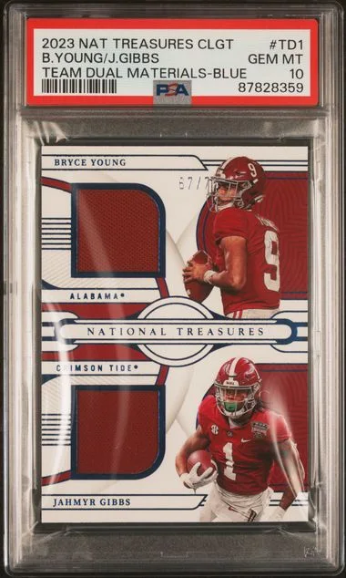 2023 Panini National Treasures Bryce Young/Jahmyr Gibbss Collegiate Team Dual Materials Blue #TD1 card image