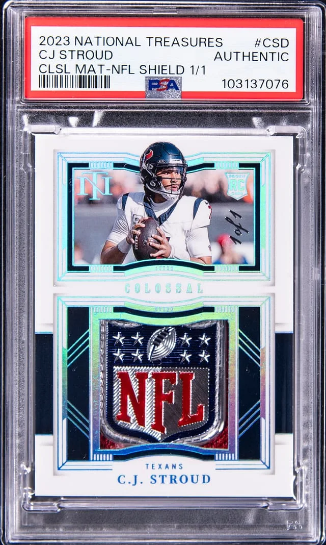 2023 Panini National Treasures C.J. Stroud Colossal Materials NFL Shield #CMT-CSD card image