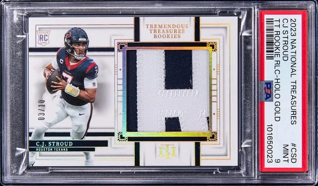 2023 Panini National Treasures C.J. Stroud Tremendous Treasures Relic Holo Gold #TTR-CSD card image