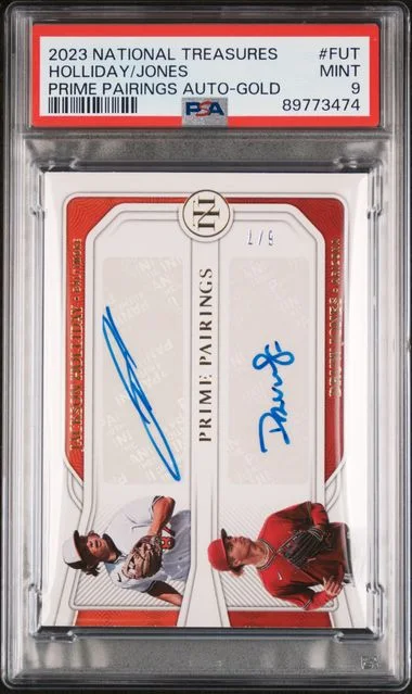 2023 Panini National Treasures Druw Jones/Jackson Holliday Prime Pairings Autographs Gold #FUT card image