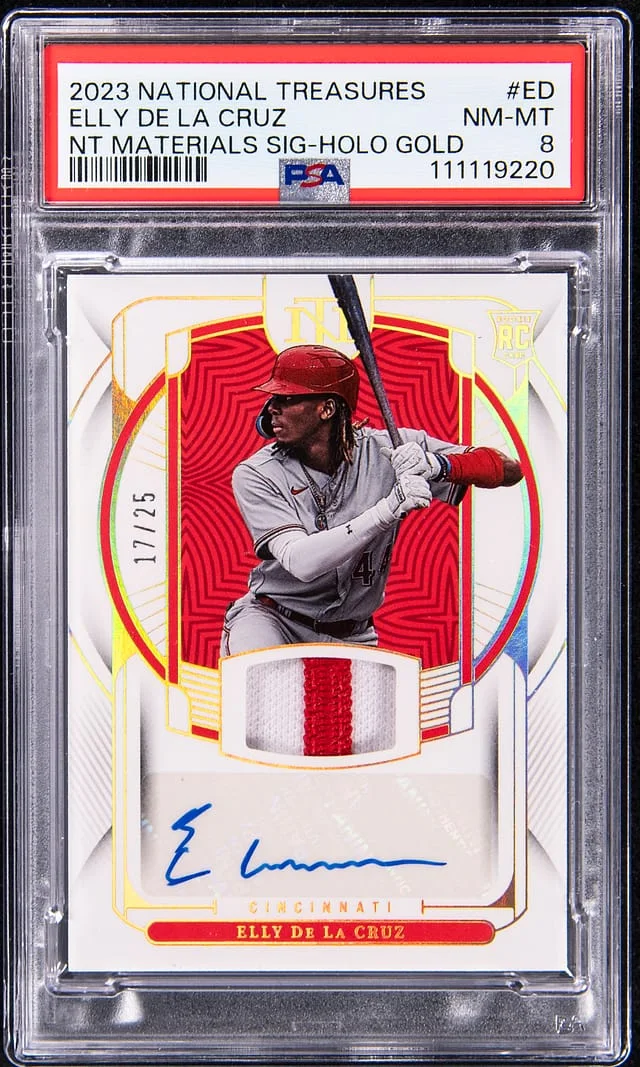 2023 Panini National Treasures Elly De La Cruz Materials Signature Holo Gold #NMS-ED card image