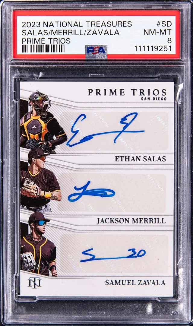 2023 Panini National Treasures Ethan Salas/Jackson Merril/Samuel Zavala Triple Prime Trios #SD card image