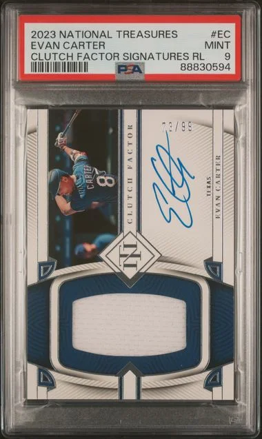 2023 Panini National Treasures Evan Carter Clutch Factor Signatures Relics #EC card image