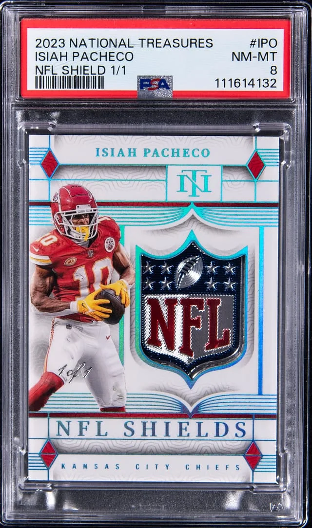 2023 Panini National Treasures Isiah Pacheco NFL Shield #SHD-IPO card image