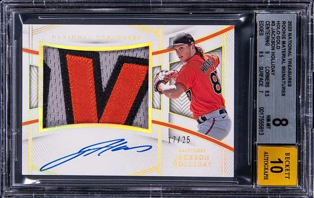 2023 Panini National Treasures Jackson Holliday Material Signatures 2 Holo Gold #3 card image