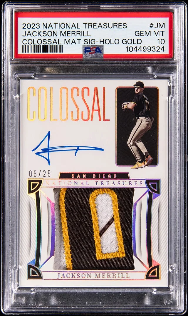 2023 Panini National Treasures Jackson Merrill Colossal Material Signatures Holo Gold #CMS-JM card image
