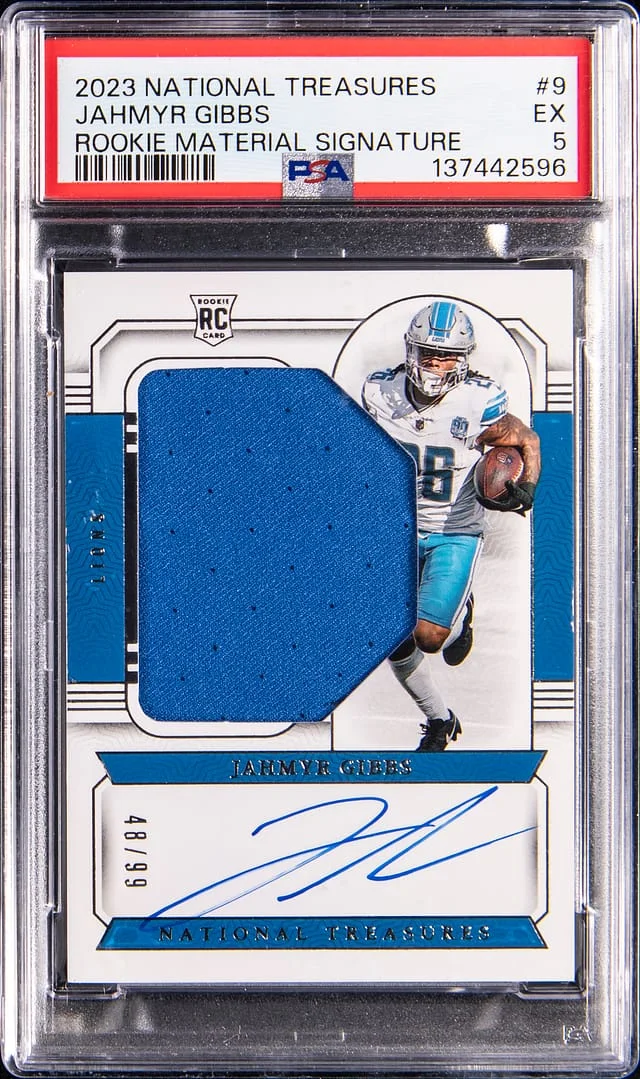 2023 Panini National Treasures Jahmyr Gibbs Material Signatures #9 card image