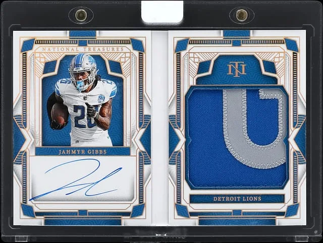 2023 Panini National Treasures Jahmyr Gibbs First Edition Signatures Booklet Holo Gold #RFE-JGS card image