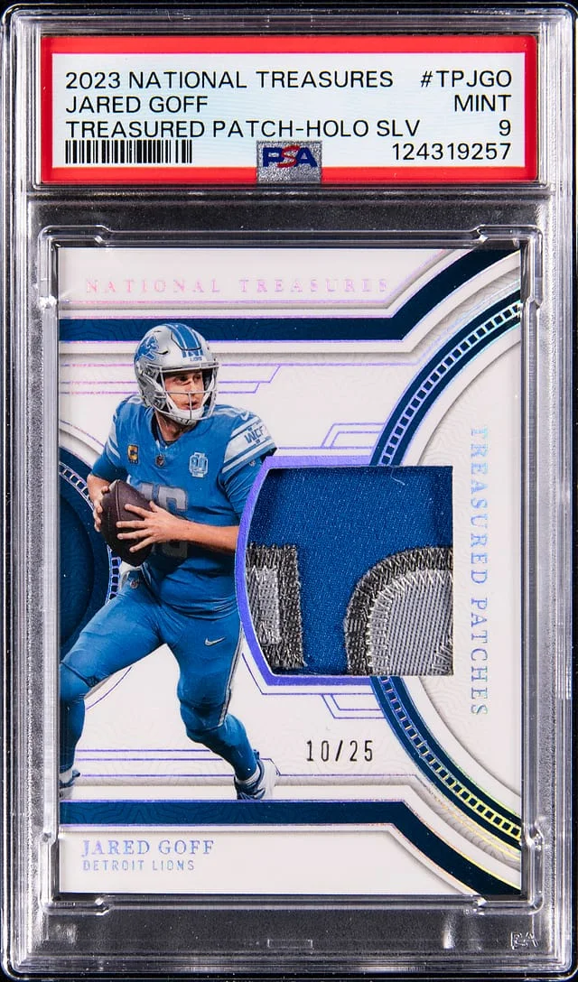 2023 Panini National Treasures Jared Goff Treasured Patch Holo Silver #TP-JGO card image