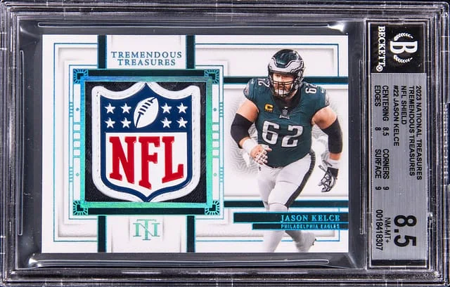 2023 Panini National Treasures Jason Kelce NFL Shield Tremendous Treasures NFL Shield #TRE-JKE card image