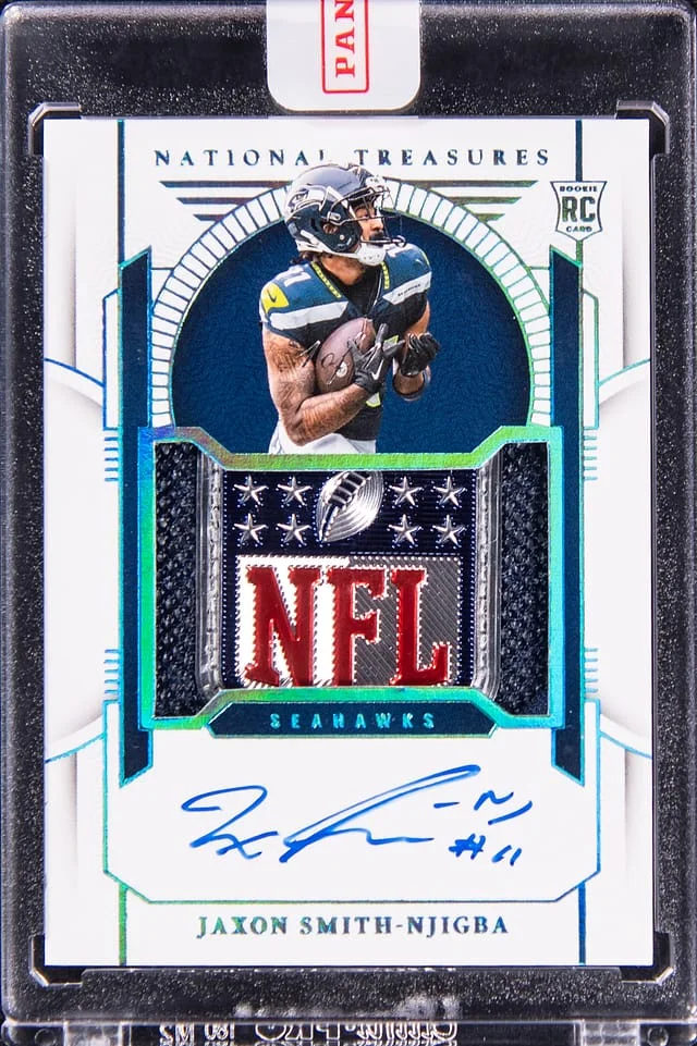 2023 Panini National Treasures Jaxon Smith-Njigba Patch Autograph (RPA) Platinum NFL Shield #171 card image