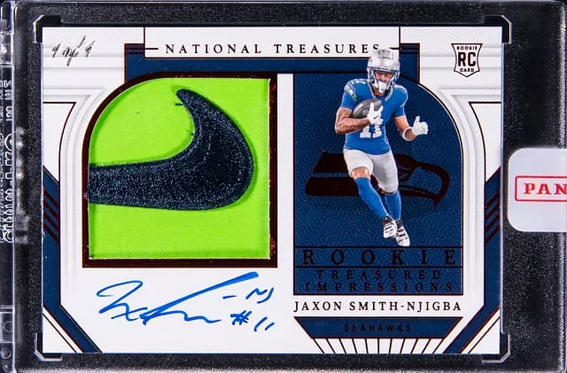 2023 Panini National Treasures Jaxon Smith-Njigba Treasured Impressions Brand Logo Ruby #TI-JSN card image