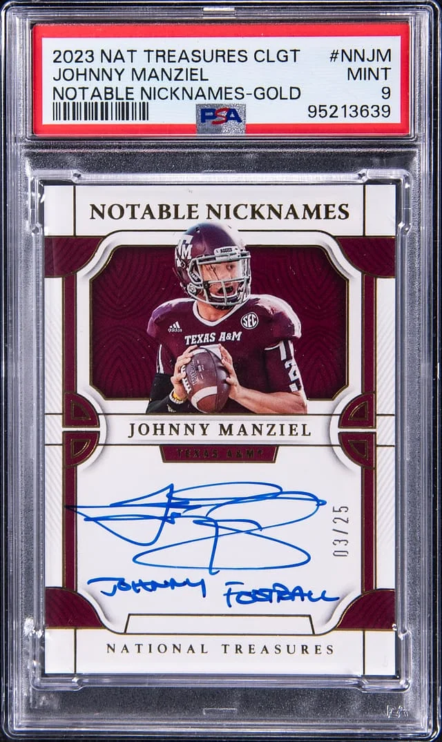 2023 Panini National Treasures Johnny Manziel Collegiate Notable Nicknames Gold #NN-JM card image