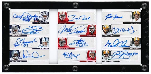 2023 Panini National Treasures Johnston/Smith/Novacek/Irvin/Rice/Taylor/Watters/Young/Favre/Levens/Chmura/Brooks Treasure Chest Signatures #TCS-NFC card image