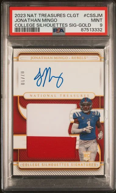 2023 Panini National Treasures Jonathan Mingo Collegiate College Silhouettes Signatures Gold #CSSJM card image