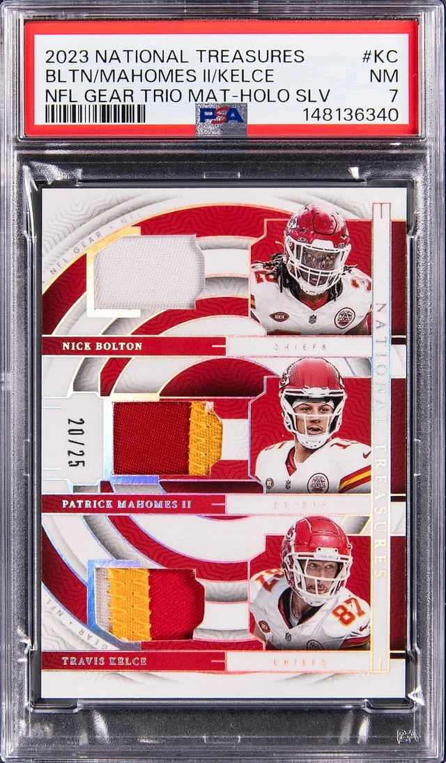 2023 Panini National Treasures Nick Bolton/Patrick Mahomes II/Travis Kelce Multi-Patch NFL Gear Trio Materials Holo Sleeve #GTM-KC card image