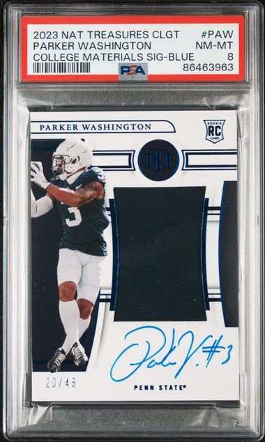 2023 Panini National Treasures Parker Washington Collegiate College Materials Signatures Blue #CMS-PAW card image