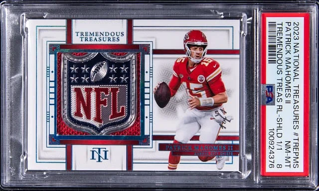 2023 Panini National Treasures Patrick Mahomes II Tremendous Treasures Relics NFL Shield #TRE-PMS card image