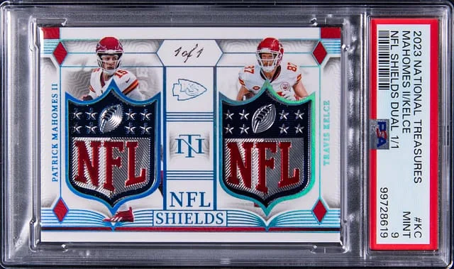 2023 Panini National Treasures Patrick Mahomes II/Travis Kelce NFL Shields Dual #SDL-KC card image