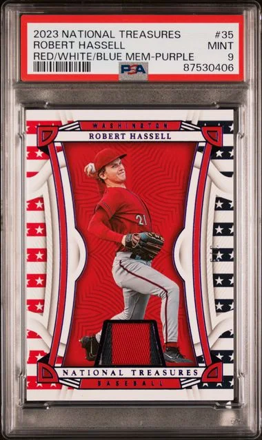 2023 Panini National Treasures Robert Hassell Red, White, and Blue Memorabilia Purple #35 card image