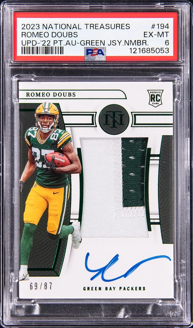 2023 Panini National Treasures Romeo Doubs Update '22 Patch Autographs (RPA) Green Jersey Number #194 card image
