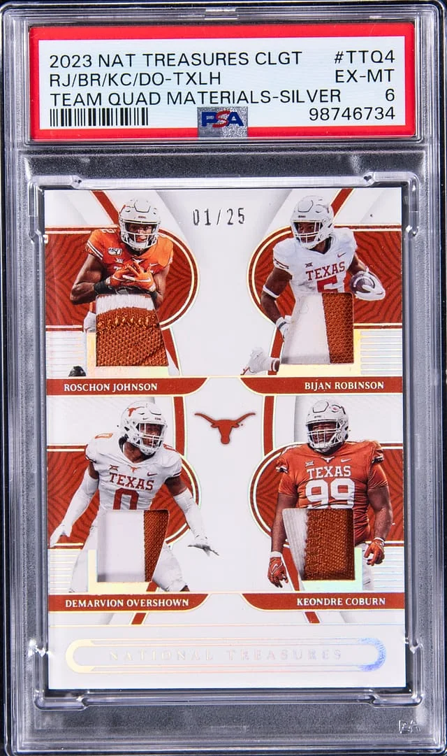 2023 Panini National Treasures Roschon Johnson/Bijan Robinson/Keondre Coburn/Demarvion Overshown Collegiate Team Quad Materials Silver #TTQ4 card image