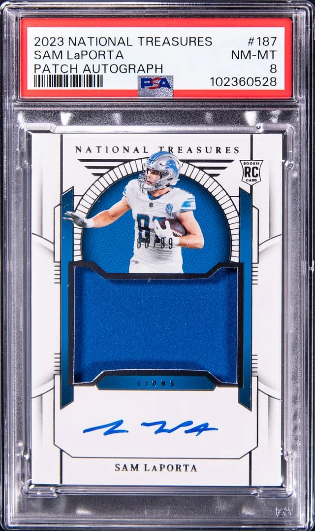 2023 Panini National Treasures Sam LaPorta Patch Autograph (RPA) #187 card image