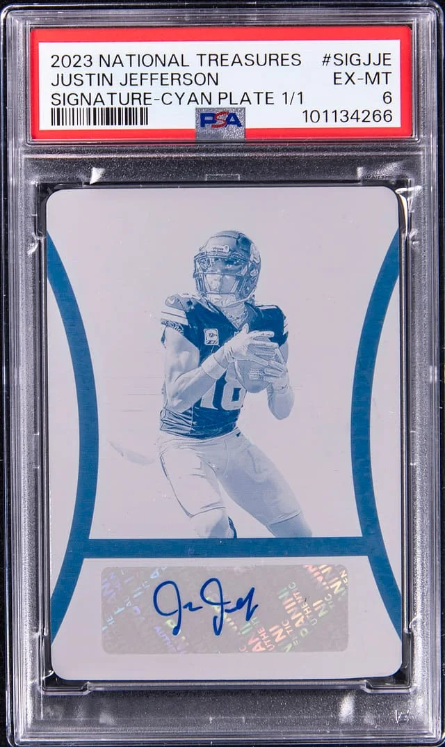 2023 Panini National Treasures Signature Cyan Printing Plate SIG-JJE Justin Jefferson #no-number card image