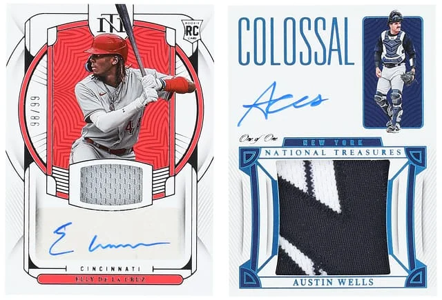 2023 Panini National Treasures Signed Patch Cards Collection (2) - Featuring Austin Wells Colossal Material Signatures Platinum , Elly De La Cruz NT Materials Signatures #no-number card image