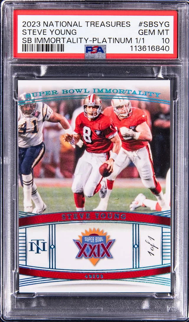 2023 Panini National Treasures Steve Young Super Bowl Immortality Platinum #SB-SYG card image